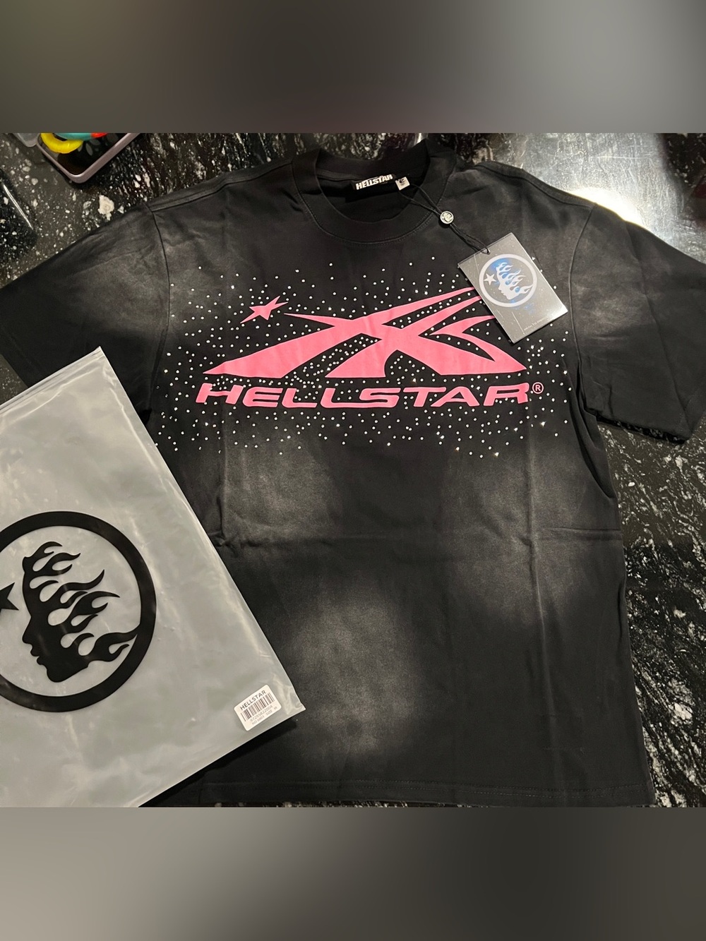 Black and Pink Rhinestone Hellstar shirt Size Medium